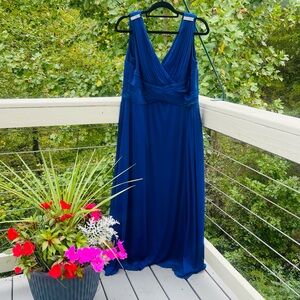 ALEX EVENINGS Deep Navy V Neck Blue Delicate Pleated Lined Plus Size Dress 14W
